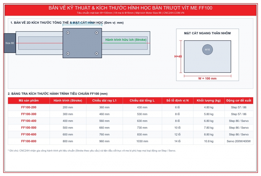 Bản vẽ kỹ thuật và bảng kích thước hành trình bàn trượt vít me FF100 chính hãng tại CNC24H