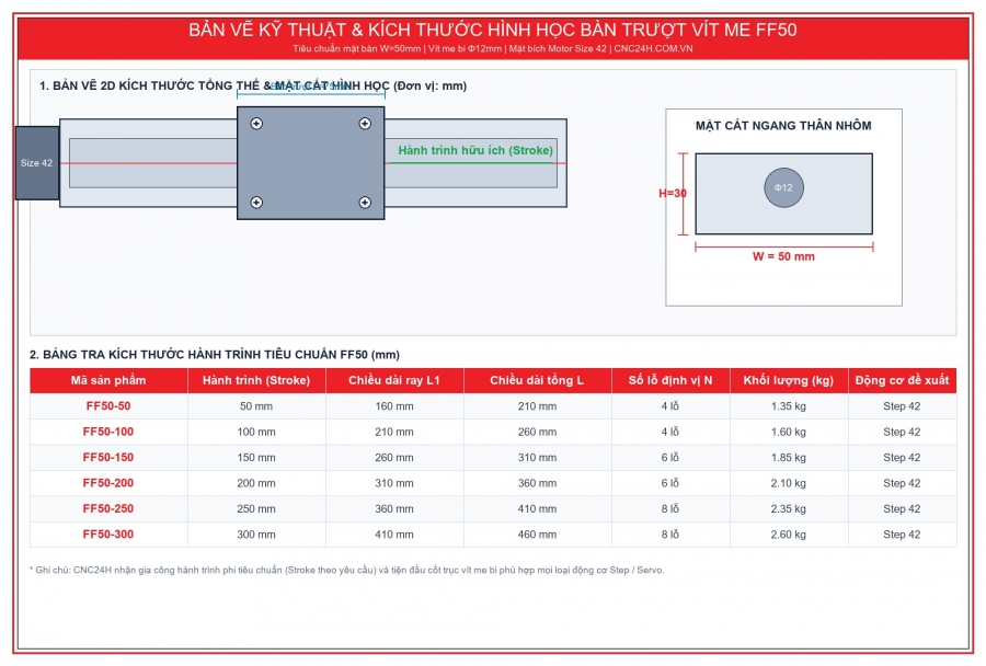 Bản vẽ kỹ thuật và bảng kích thước hành trình bàn trượt vít me mini FF50 chính hãng tại CNC24H